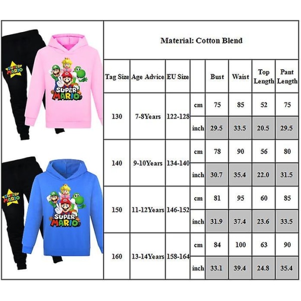 Super Mario Bros. Sportstøjsæt med print til børn Casual hættetrøjesæt Pink 13-14 Years