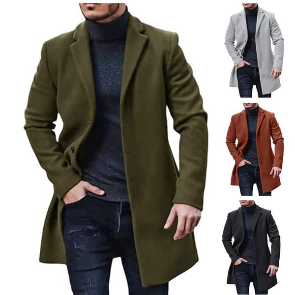 Menn's ullfrakk, midtlengde trenchcoat Black M