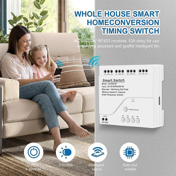 4-kanavainen Zigbee Älykäs Valokytkinmoduuli AC 85-250V RF433 Vastaanota 10A Releet Toimii Alexa Assistantin, Tuya Smart Lifen kanssa