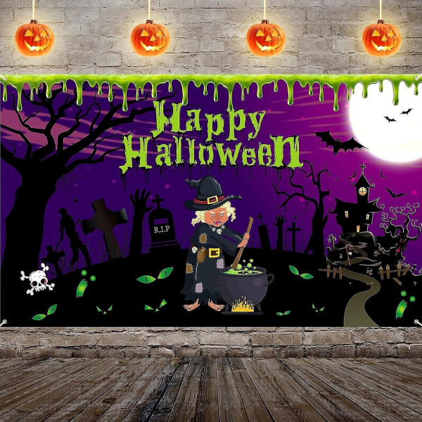 Halloween-banner, Halloween-festpynt, stort stof Halloween-baggrund Heksegrav Slot Baggrundsskilt Plakat Lilla vægdekoration til indendørs O