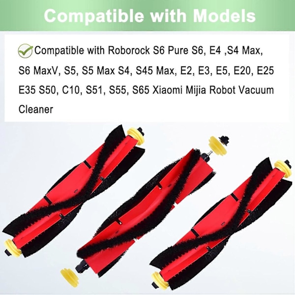3-pak Roborock hovedbørster, reservedele, kompatible med Roborock S6 Pure, Roborock S6, S6 MaxV, E4, S4 Max, S5, S5 Max, S4, E2, E3, E5 E20 E25 E35