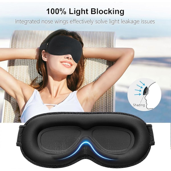 3D Sovemaske til Sidesovere, 100% Lysblokering, Memory Foam Øjenmaske til Mænd og Kvinder, Rejse, Sort