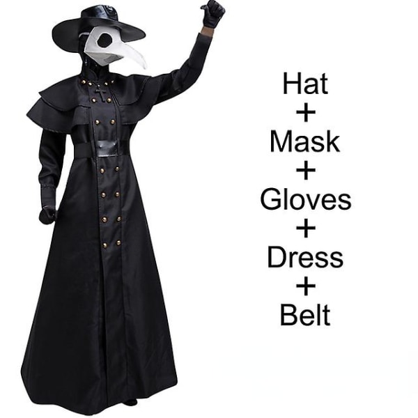 Halloween Medeltida Hooded Robe Plague Doctor Kostym Mask Hat För Män Munk Cosplay Steampunk Priest Skräck Wizard Cloak Cape XL