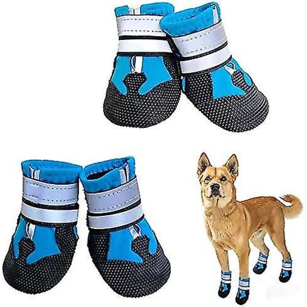 Hundestøvler 4 stk Vanntette hundesko med justerbare trygge reflekterende stropper Kjæledyrpotebeskyttere for hund Blue XL