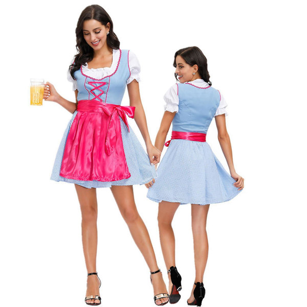 Nopea toimitus Naisten Oktoberfest Dirndl-asu Ruudullinen saksalainen olutfestivaali Cosplay-baijerilainen mekko Halloween-mekko D XL