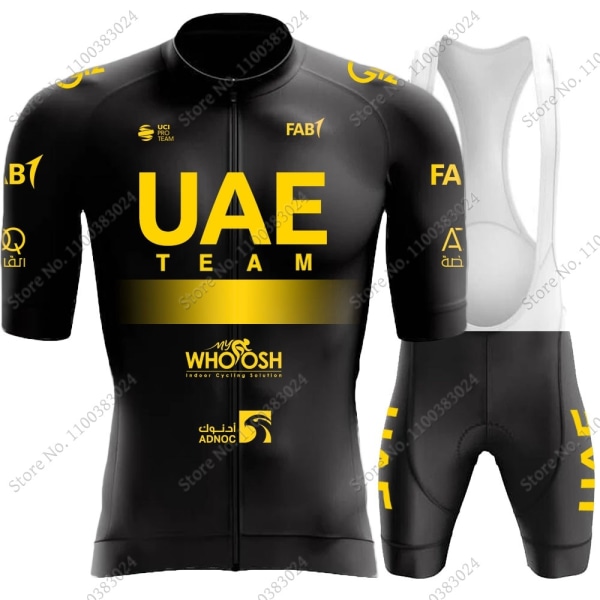 Svart UAE Team 2023 Golden Cycling Jersey Set Kortermet Herreklær Landeveissykkelskjorter Dress Sykkel Bib Shorts MTB Maillot 10 4XL