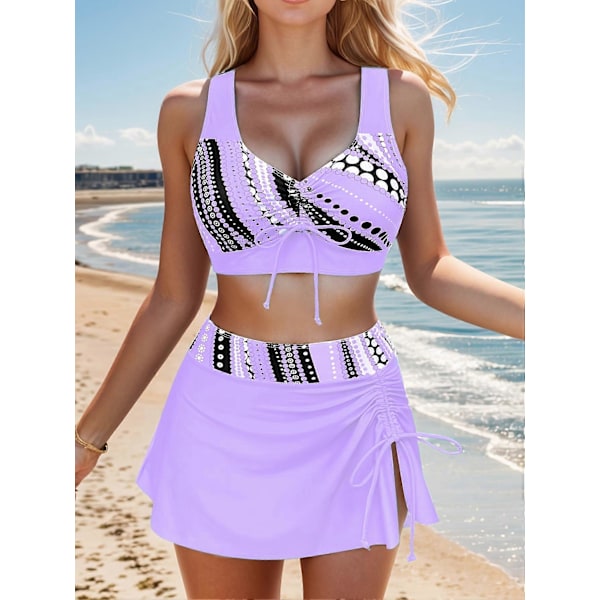 Nye modeller Chic Polka Dot Print 3-delt Tankini Badedragtsæt - V-hals med justerbar snøre, høj benskæring & flæse-cover-up nederdel - Perfekt Wo