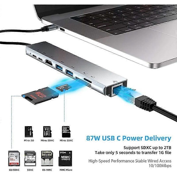 8-in-1 Type-C - USB 3.0 -keskitin USB-C HDMI LAN RJ45 SD TF -sovitin Macbook-kannettavalle