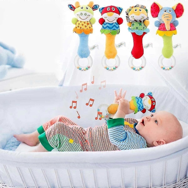 Baby Soft Rattle Sensoriske Leker - 4 Pakk Nyfødt Plysj Rangle Dyregrep Sett Med Tannringer Tidlig Læringsleker For Småbarn 0 - 12 Måneder