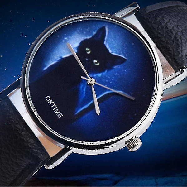 Tflycq Oktime Dame Mysterious Black Cat Faux Leather Analog Quartz Watch