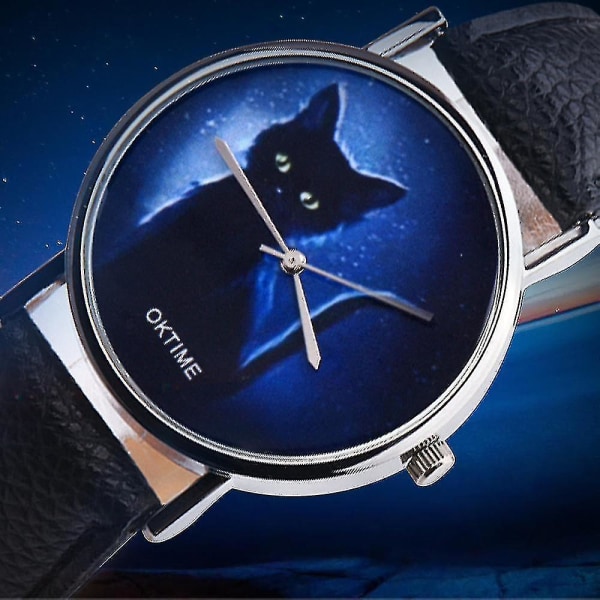 Tflycq Oktime Womens Mysterious Black Cat imiteret læder Analog Quartz Watch