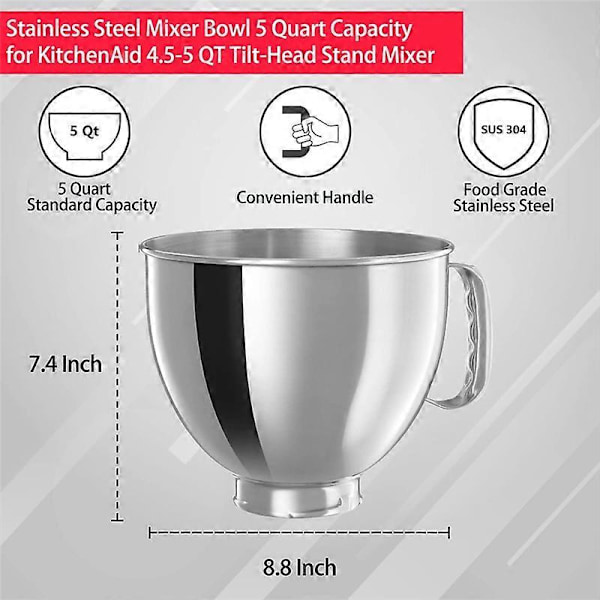 Rustfri stålbolle for Classic&Artisan Series 4.5-5 QT Tilt-Mixer, 5 Quart 304 Rustfritt Stål Bo