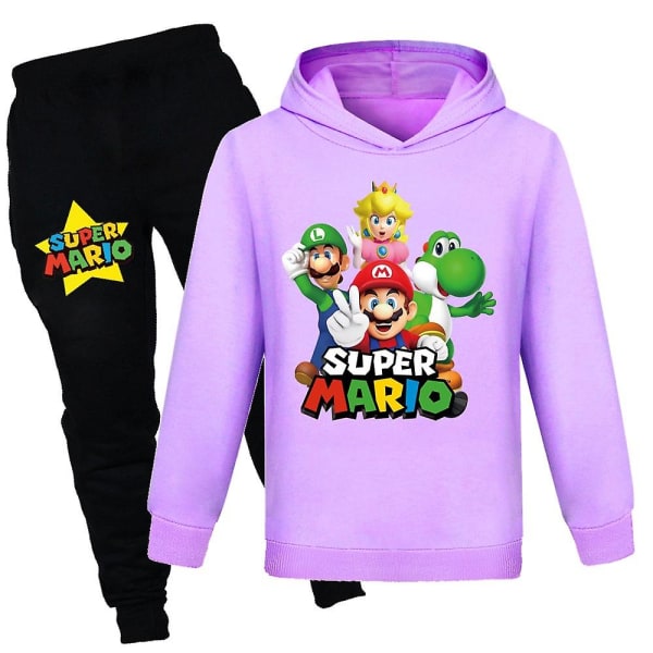 Super Mario Bros. Sportstøjsæt med print til børn Casual hættetrøjesæt Purple 11-12 Years