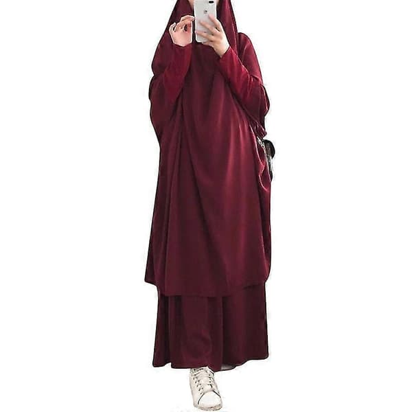 Uae Saudi Solid Robe Kjole Hætteklædt Sæt Etnisk Tøj wine red