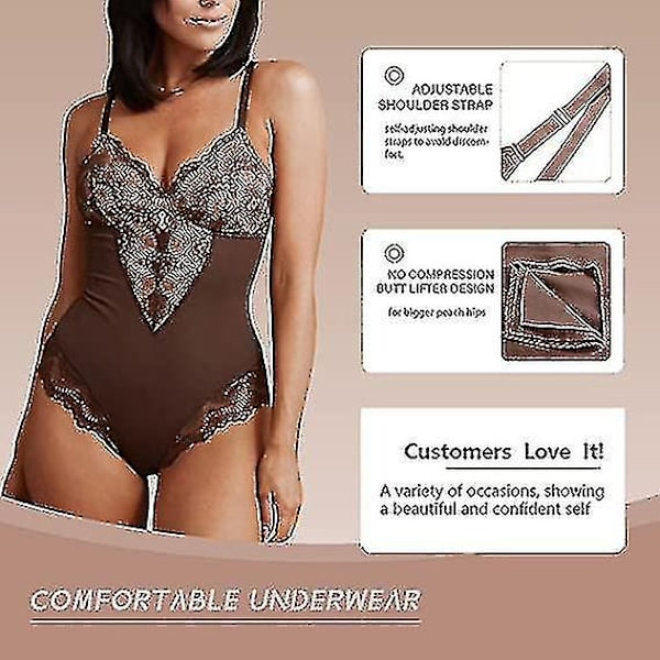 Tflycq spetsbody för kvinnor magkontroll Shapewear V-ringad rygglös kamisole ärmlös smalare toppar Brown M