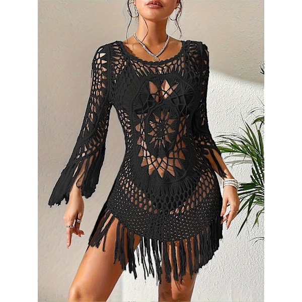 Nye modeller Chic Langærmet Boheme Cover-Up Kjole  Med Frynser, Udhulet Detalje  Afslappet Strandtøj til Kvinder, Badetøjsledsager