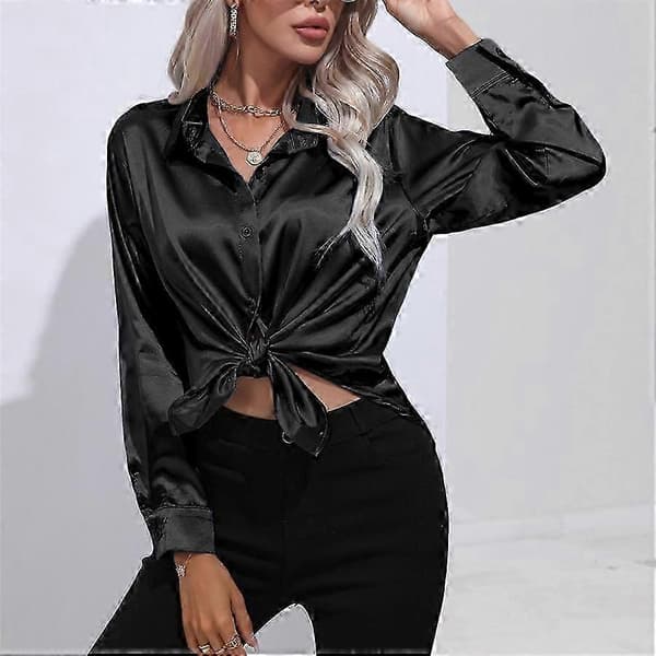 \"Forår Efterår Satin Bluse Imitation Silke Langærmet Skjorte til Dame Plus Size Løse Toppe\"