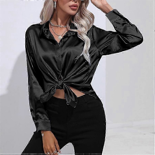 \"Vår Høst Sateng Bluse Imitert Silke Langermet Skjorte for Dame Plus Size Løse Topper\"