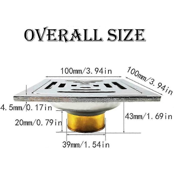 Kvadratisk luktsikker dusjrenne, gulvrenne i rustfritt stål med sil for bad og hage (100mm x 100mm)
