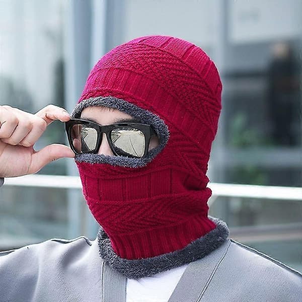 Herrhatt Enfärgad Plyschfoder Höst Vinter Varm Stickad Mössa Halsduk Ansiktsskydd för Utomhus Qinhai Grey