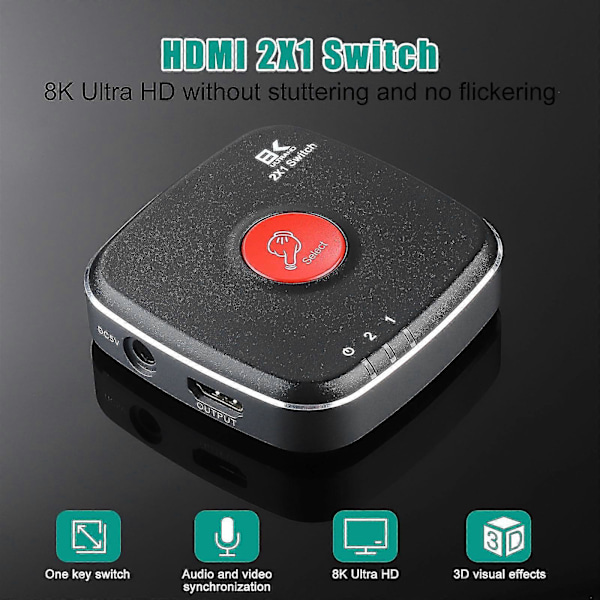 8k For Hdmi 2x1 Switch For Hdmi 2.1 Switch Støtte 2 For Hdmi Inngang & 1 For Hdmi