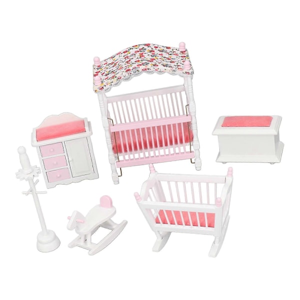 Pink og hvid 1:12 skala miniature træ dukkehus soveværelsesmøbelsæt