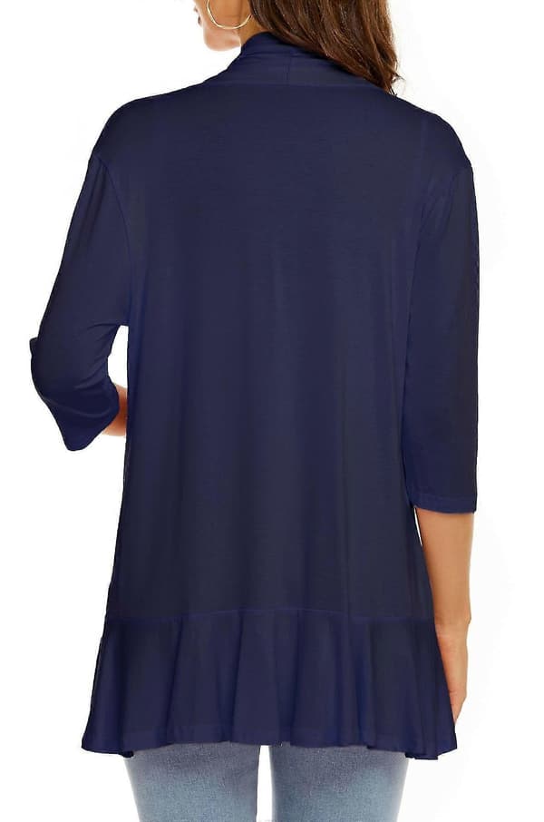 Casual let dame cardigan med åben front, bløde draperede flæser og 3/4 ærmer, blå