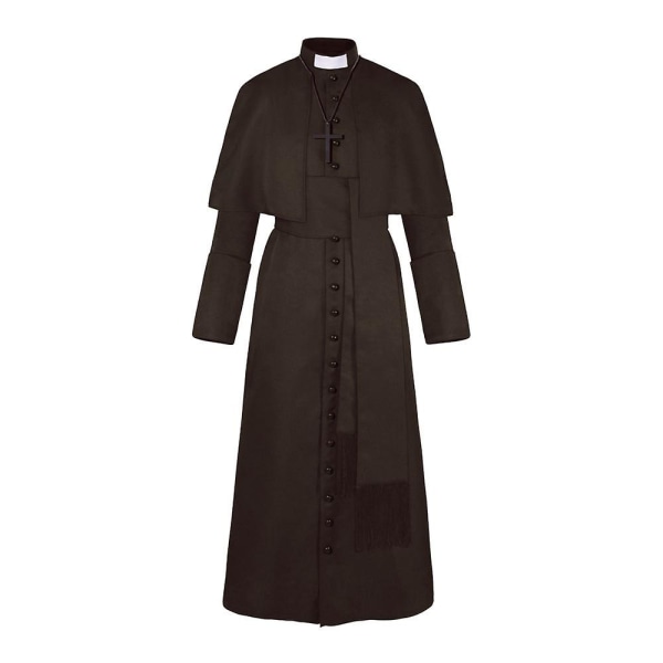 Enfärgad prästdräkt präst medeltida retro cosplaydräkt med korshalsband (svart) brown xl