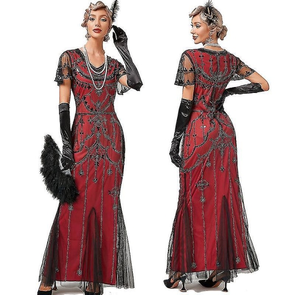 Halloween-kjoler 1920-talls Perler Paljetter Vintage Lang kjole Mote Kortermede brudepikekjoler Plus Size Luksus Anquet Kveld Nyttårskjole Høy L