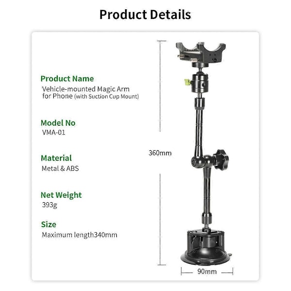 LanParte Biltelefonhållare Stabilisator Bil Magic Arm Sugkopp Telefon Selfie Stick 360 Roterande BH
