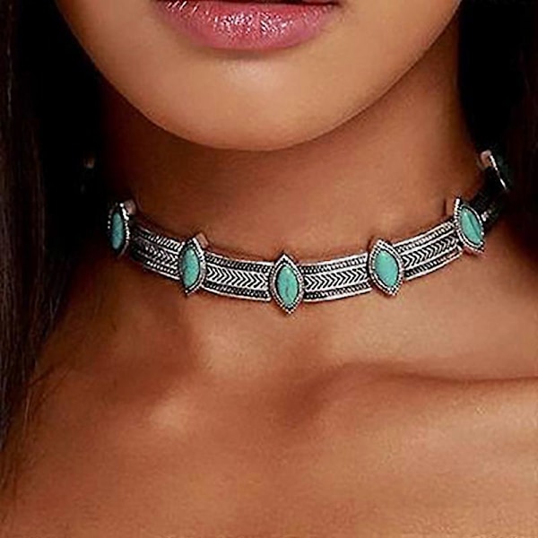 Turkos Halsband Silver Kort Halsband Choker Personifiera Boho Halsband Smycken för Kvinnor och Flickor