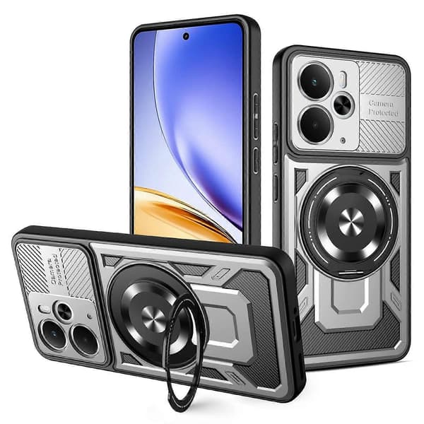 Magnetisk deksel med roterende støtte for Realme 14 5G, TPU + PC, Grå