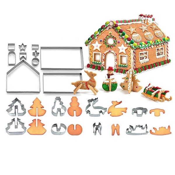 Pepperkakehus Kakeform Sett, 3D Hus Kakeform, Rustfritt Stål Kjeksform Sett, Inkludert Juletre, Snømann, Reinsdyr, Slede