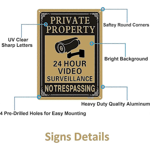 Privat Eiendom Uvedkommende Forbudt 24 Timer CCTV Kamera Videoovervåking Varselskilt | 10\" X 7\" Rustfritt Aluminium Enkel Montering Falmingsbestandig, 2 Pa