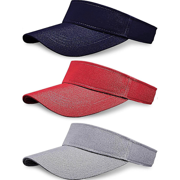3 stk. Solskærme Sports Visir Hatte One Size Justerbar Kasket til Kvinder og Mænd (Navy, Rød, Grå)