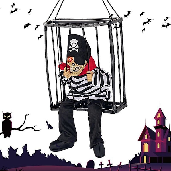 Halloween-dekoration Fangespøgelse i bur Skræmmende kraniumrekvisit Elektrisk skeletlegetøj Glødende øjelyd Dukke Hængbar Talende Spøgelse style 5