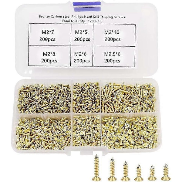 1200 stk. Små Hængsel Træskruer M2/M2.5 Små Messing Skruer 5/6/ 8/10/ mm Tiny Flat Head Cross Skruer Assortiment - Guld