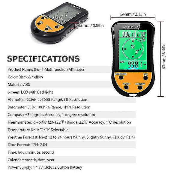 Elektronisk Digital Höjdmätare 8 I 1 Multifunktionell LCD Bakgrundsbelysning Mini Höjdmätare Barometer Kompass Termometer Väderprognos Klocka Kalender För Utomhusbruk