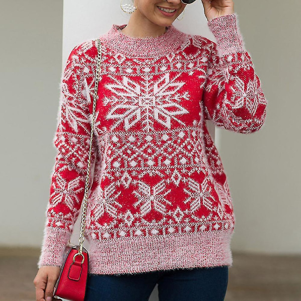 Julesweater Damer Julesnefnug Varm sweater Strikket sweater med o-hals Red L