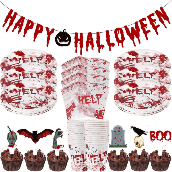 Halloween-festservicesæt Horror-tema Spisestel serverer 12 gæster Horror-tema Halloween Banner Papirtallerkener Kopper Servietter