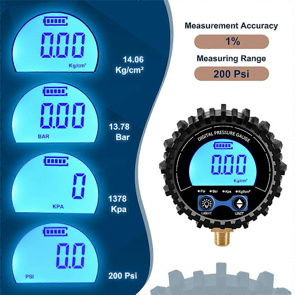 Dæktryksmåler Digital Dæktester Display Lufttryksmanometer Hurtigkobling