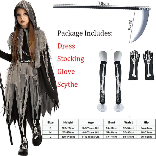 Skremmende Grim Reaper jentekostyme Halloween-kostyme for barn 2023, ny ankomst C Height 115-130cm