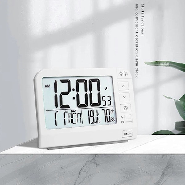 Stort digitalt vækkeur med LCD-display, baggrundsbelysning, temperatur, batteridrevet til studerende og professionelle - Hvid