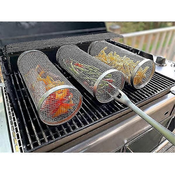 Rullende Grillkurv, Rund Grillrist i Rustfritt Stål