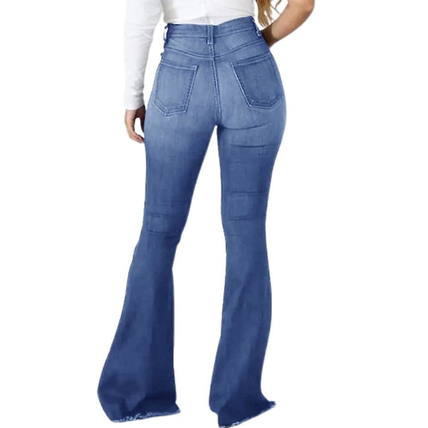 Kvinnor Ripped Jeans Slim Fit Denim utsvängda byxor Casual Stretch långa byxor Light Blue S