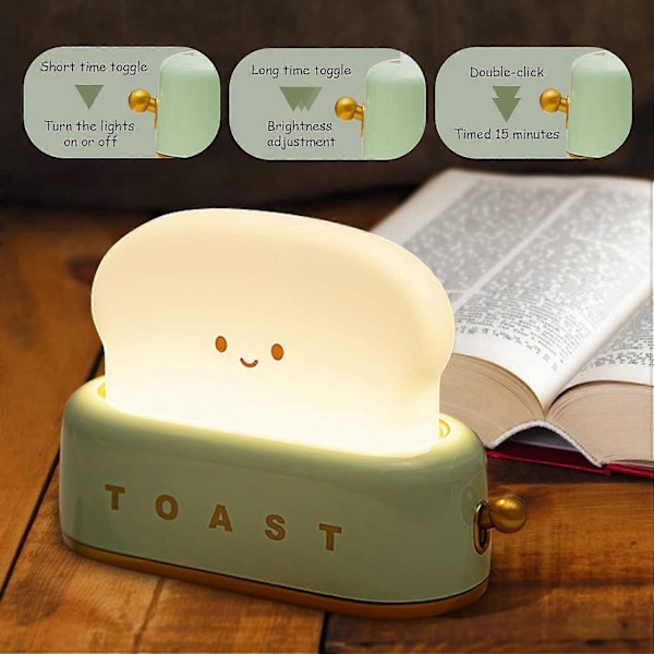 Toaster Lampe, Toast Natlampe Sød LED, USB Genopladelig, Dæmpbar Varm Toast Lampe med Timer (Grøn)