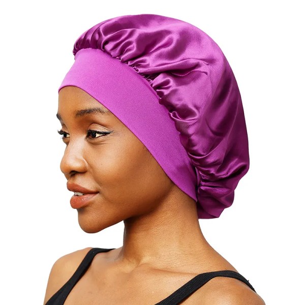Ny sateng, solid bredbremmet sovehatt for kvinner Unisex-hodeinnpakning Elastisk båndhette Hårpleie Nattlue med panser Black