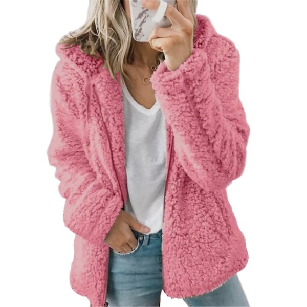Kvinner Bamse Plysj Kåpe Hettegenser Fluffy Fleece hettejakke Topp Vinter Varmt Uformelt yttertøy Pink 2XL