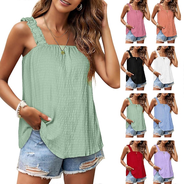 Tanktoppe til Kvinder, Rynkede Stropper Plisserede Sommer Afslappede Ærmeløse Skjorter Tunika Toppe Løse Behagelige Bluse T-shirts Hvid XL