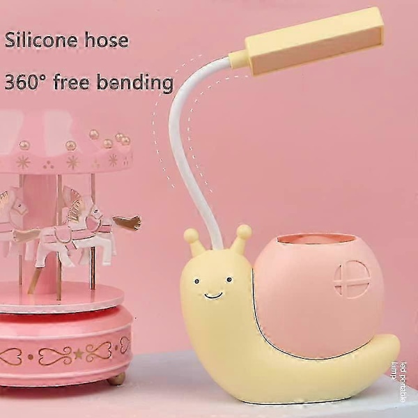 LED skrivebordslampe for barn med pennholder, snegleform USB-lading student læring øyebeskyttelseslampe 360 ​​bøybar justerbar hals gul